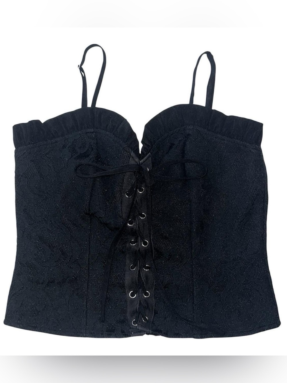 Sweet Rain black corset top with lace-up front and ruffled neckline.